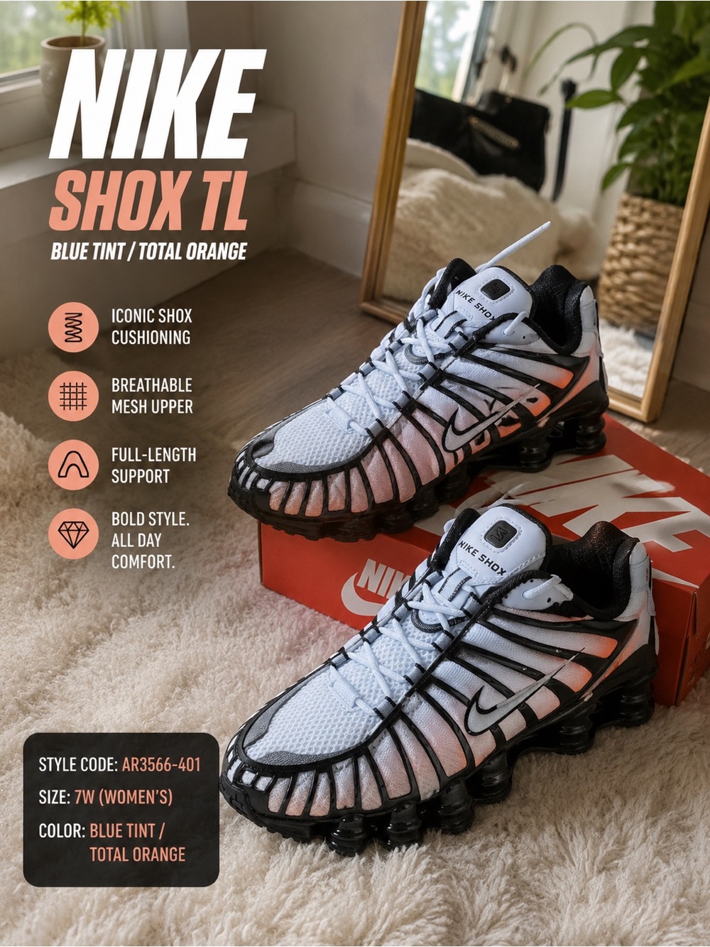Nike Shox TL White, Black & Coral Gradient Athletic Shoes